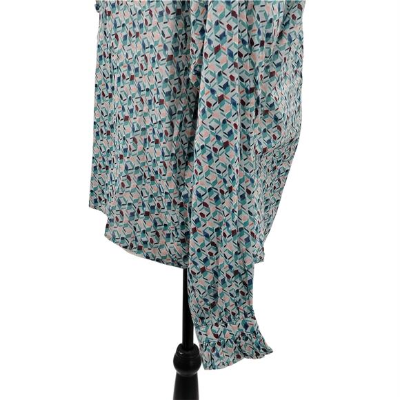 Cotelac Ruffle Top Blouse Button Up Geometric Print Art Deco Green Blue 1 Medium - Picture 3 of 6